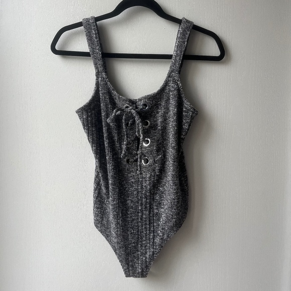 Heather Grey Lace-Up Body Suit, Express, size M Petite - Picture 1 of 6